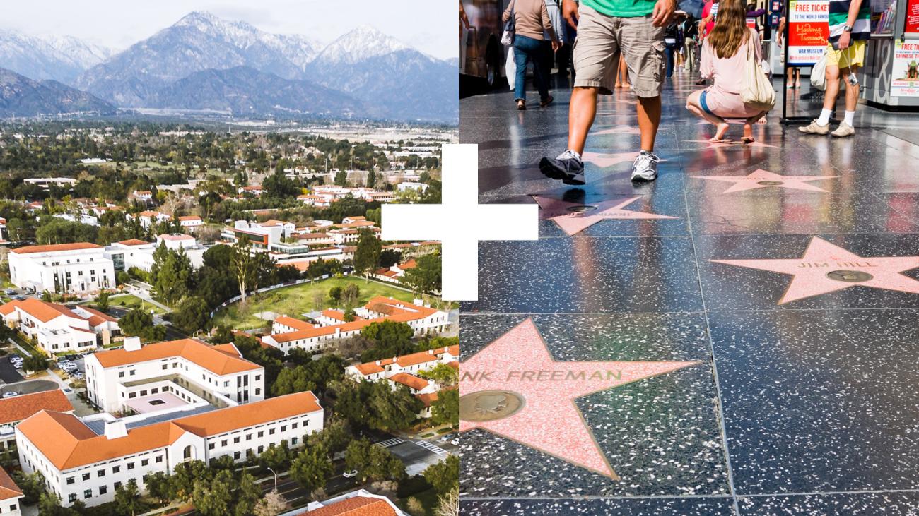 Combined images of Claremont campuses and Hollywood of Fame