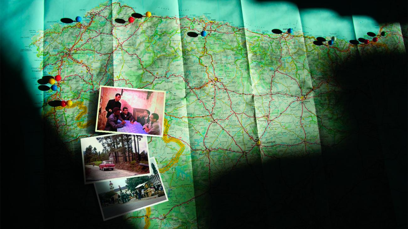 A map of Northern Spain with pins showing Kendall Jones route, with three photographs showing scenes from his trip and the group of students he helped to rescue