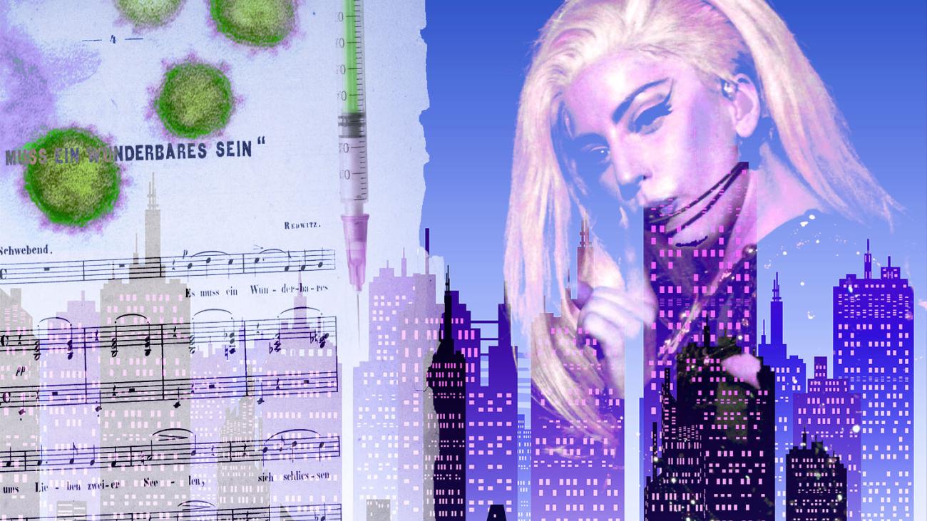 Artist's composite illustration of sheet music, coronavirus, syringe, city skyline and Lady Gaga