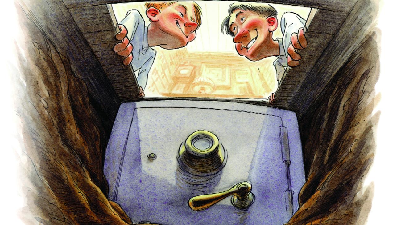 Cartoon of two young men smiling as they look down into a hole at a safe
