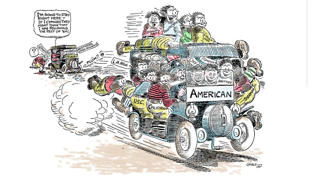 Illustration based upon an editorial cartoon published in the Los Angeles Times in 1915, with two old cars loaded with football and rugby players. The first car is labeled “American.” The second car, which is broken down, is labeled “Rugby.”