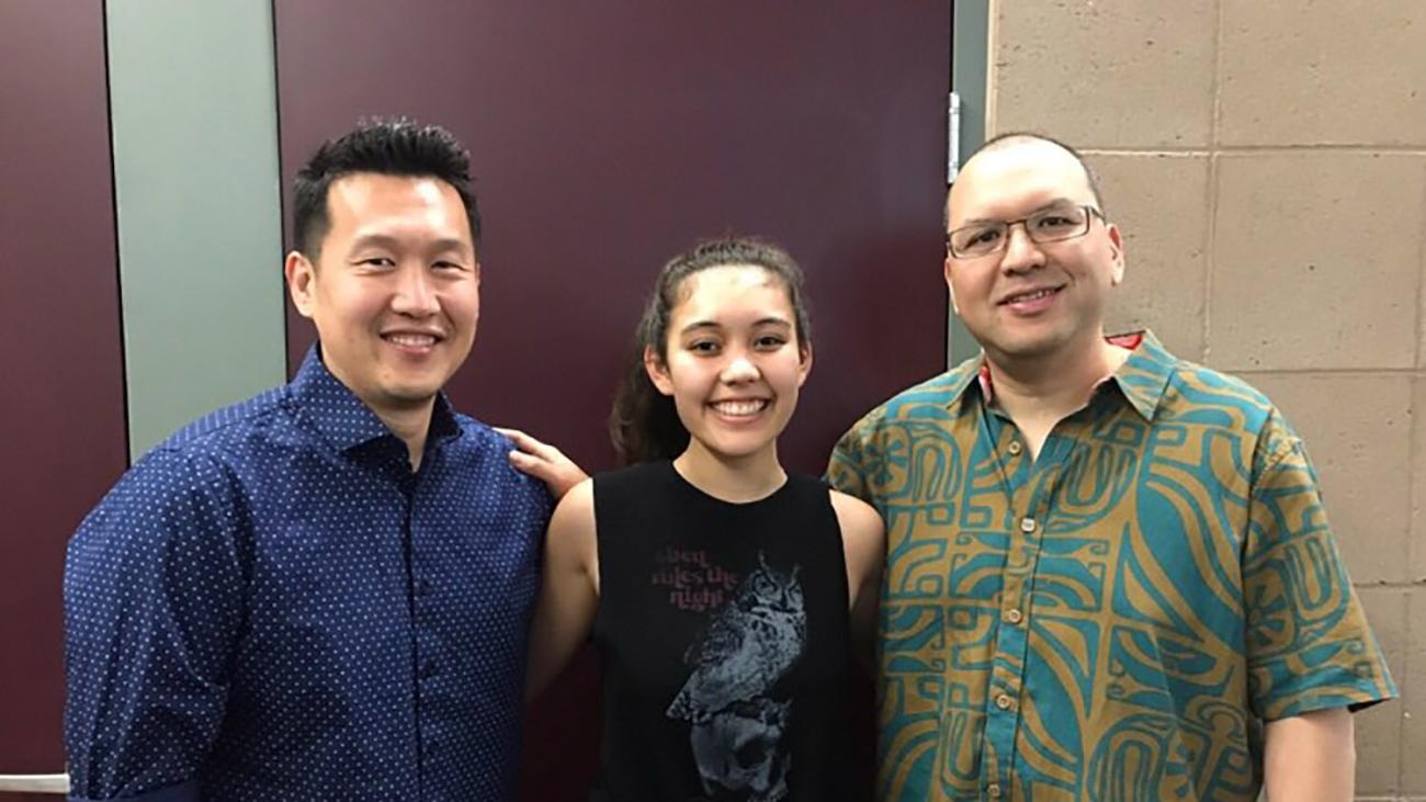 Gabby Lupola (center) with Chamorro scholars Alfred Flores and Keith Camacho