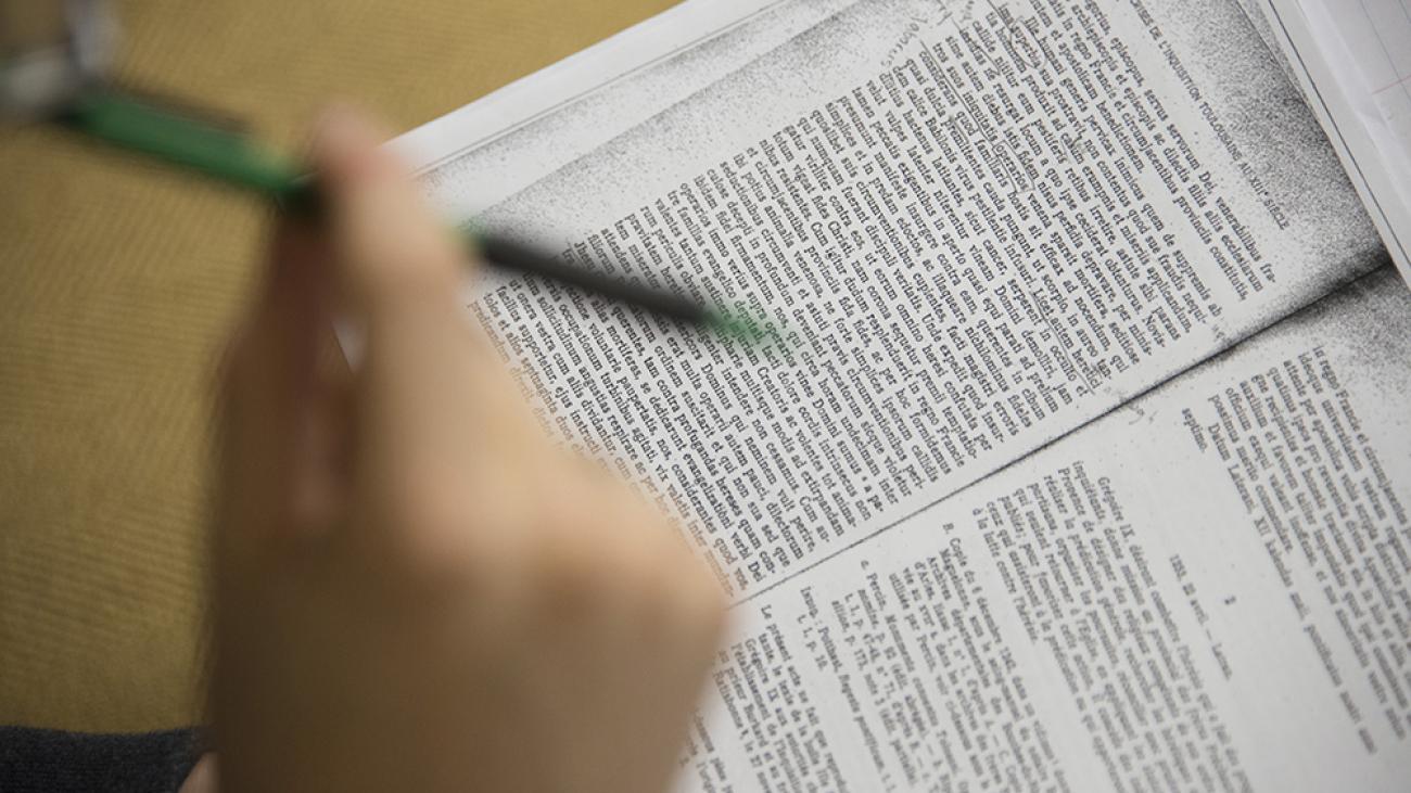 Poring over a Latin text in Professor Ken Wolf’s class