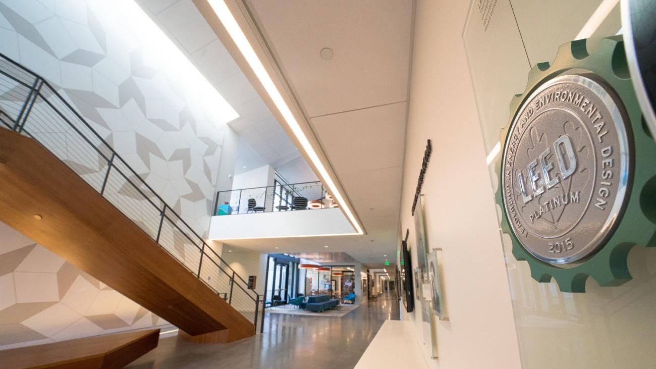 Millikan Laboratory entryway with LEED sign.