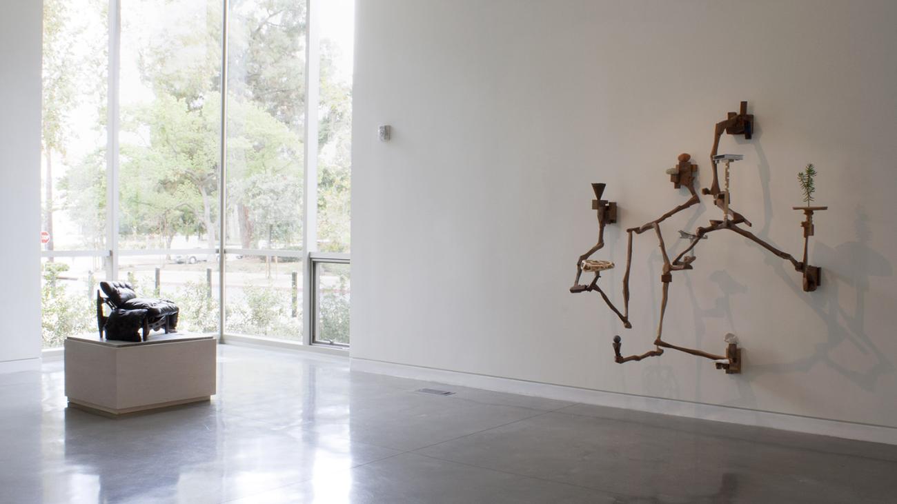 Installation view with works by Michael O’Malley (right) and Ryan Taber (left)