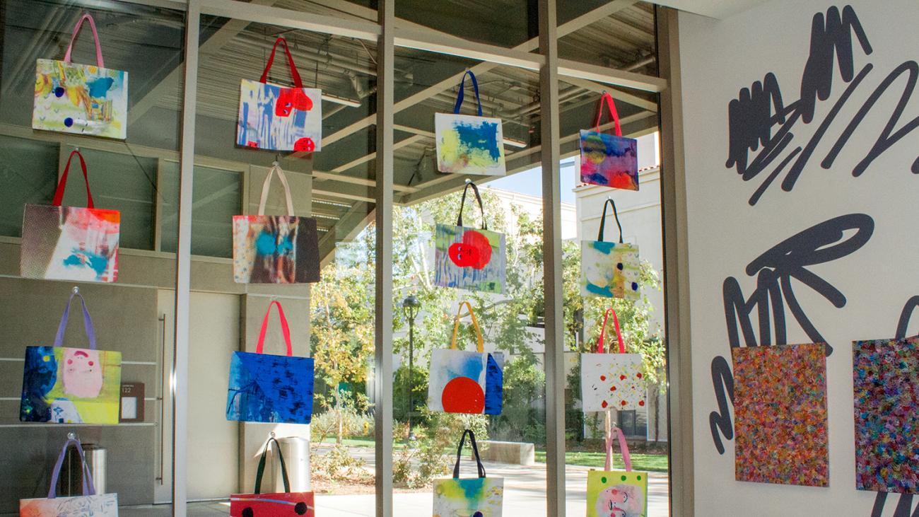 Mark Allen, repurposed paintings as tote bags, 2017
