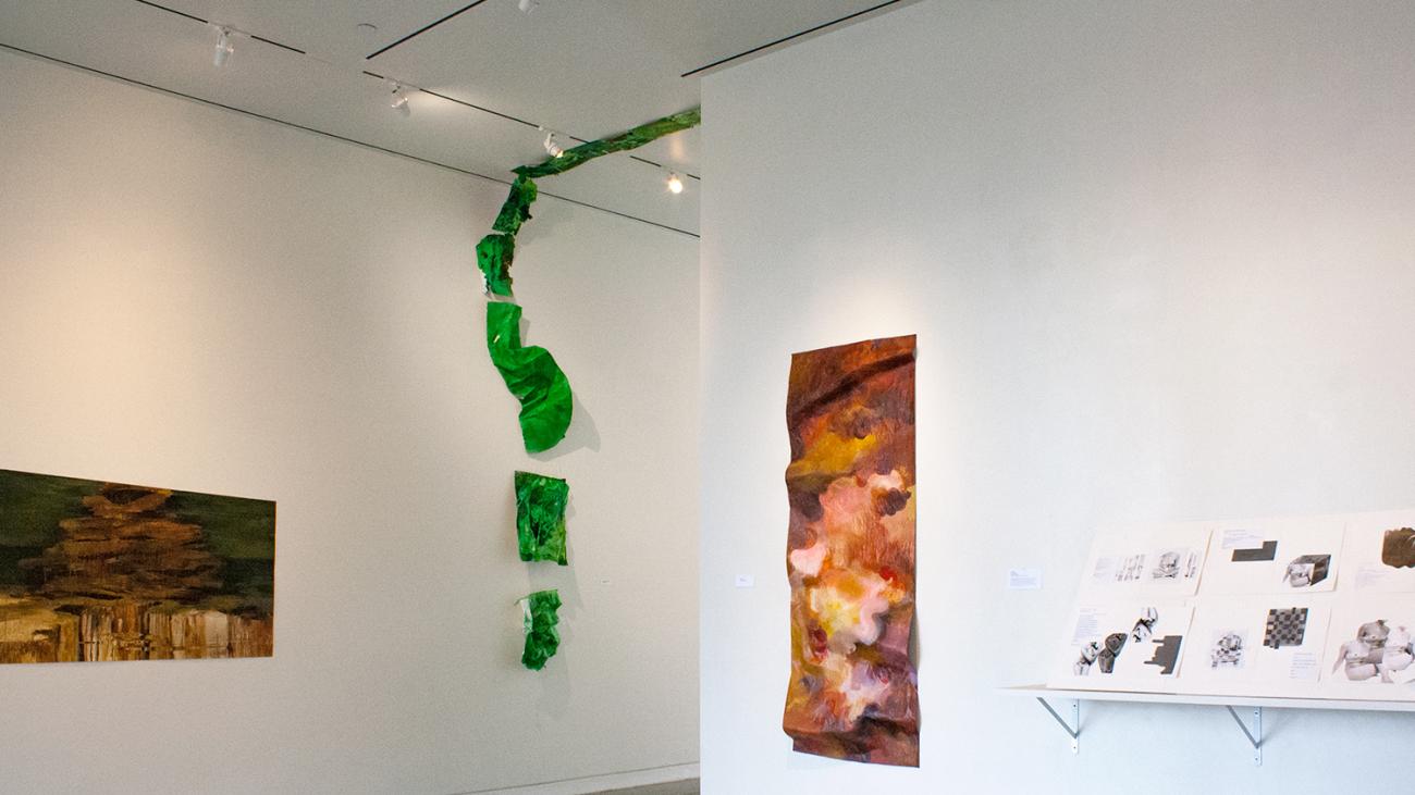 Installation view with works by Jessica Wang (far left), Kirsten Tingle (center left) Jessica Wang (center), and Cleo Berliner (right)