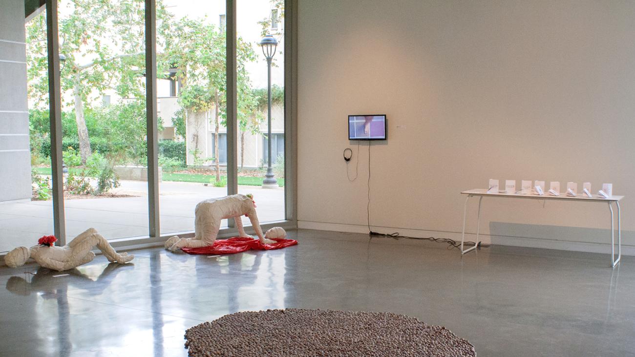Installation view with works by Anabel Gomez (left), Clark Hollenberg (center), and Olivia Campbell (right)