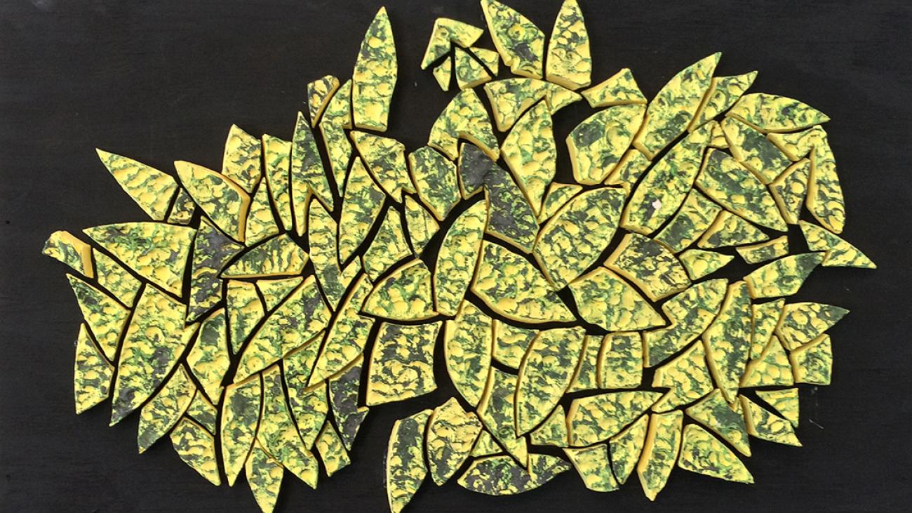 Roylance Bird ’16. “Fallen Leaves” (2015), ceramic tiles on plywood