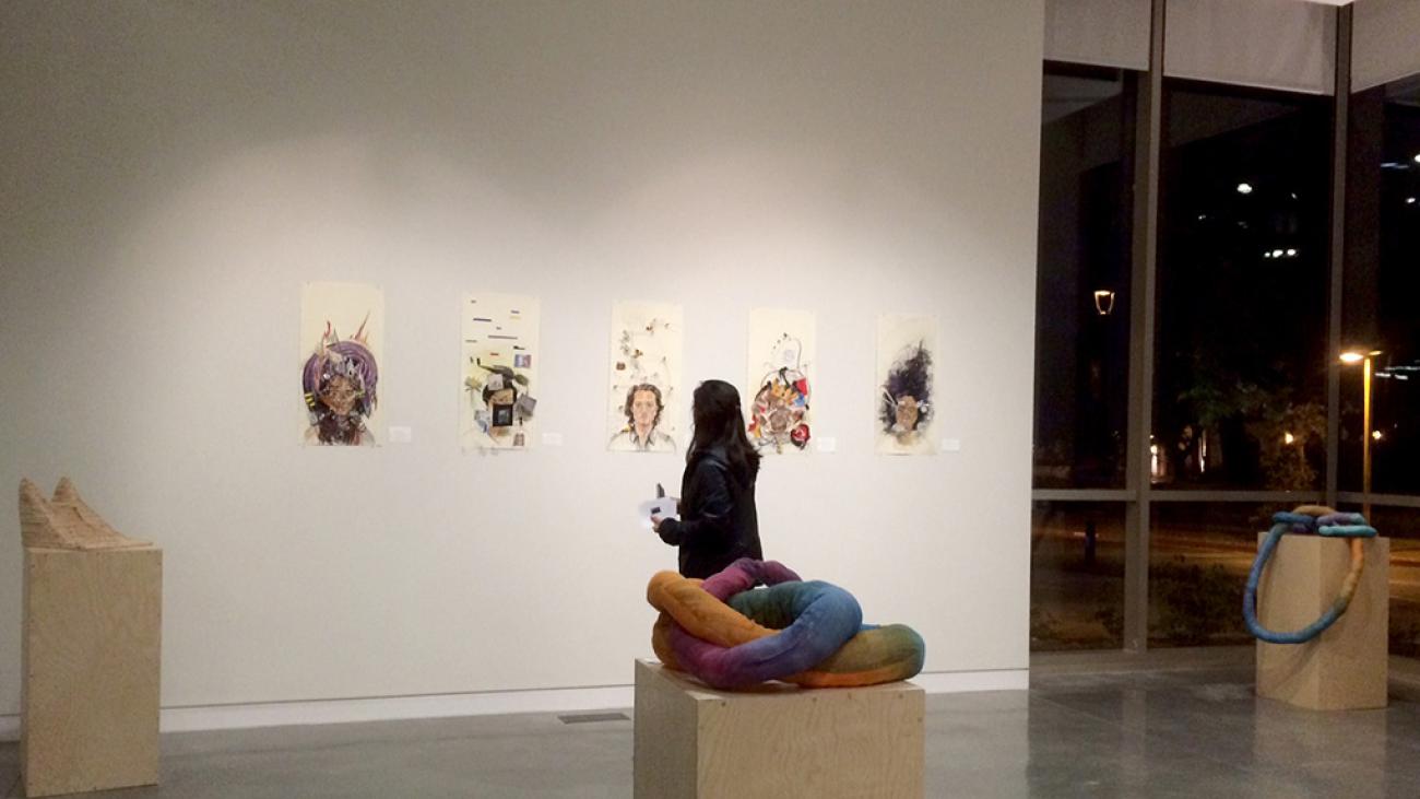 Mary Margaret Groves ’16 (wall and wood sculpture on pedestal); Alexandra Smith ’16 (fabric sculptures on pedestals)