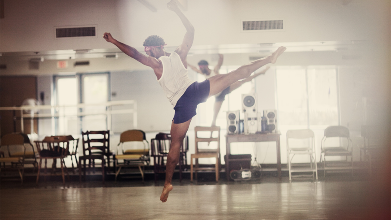 Student rehearsing in the dance studio