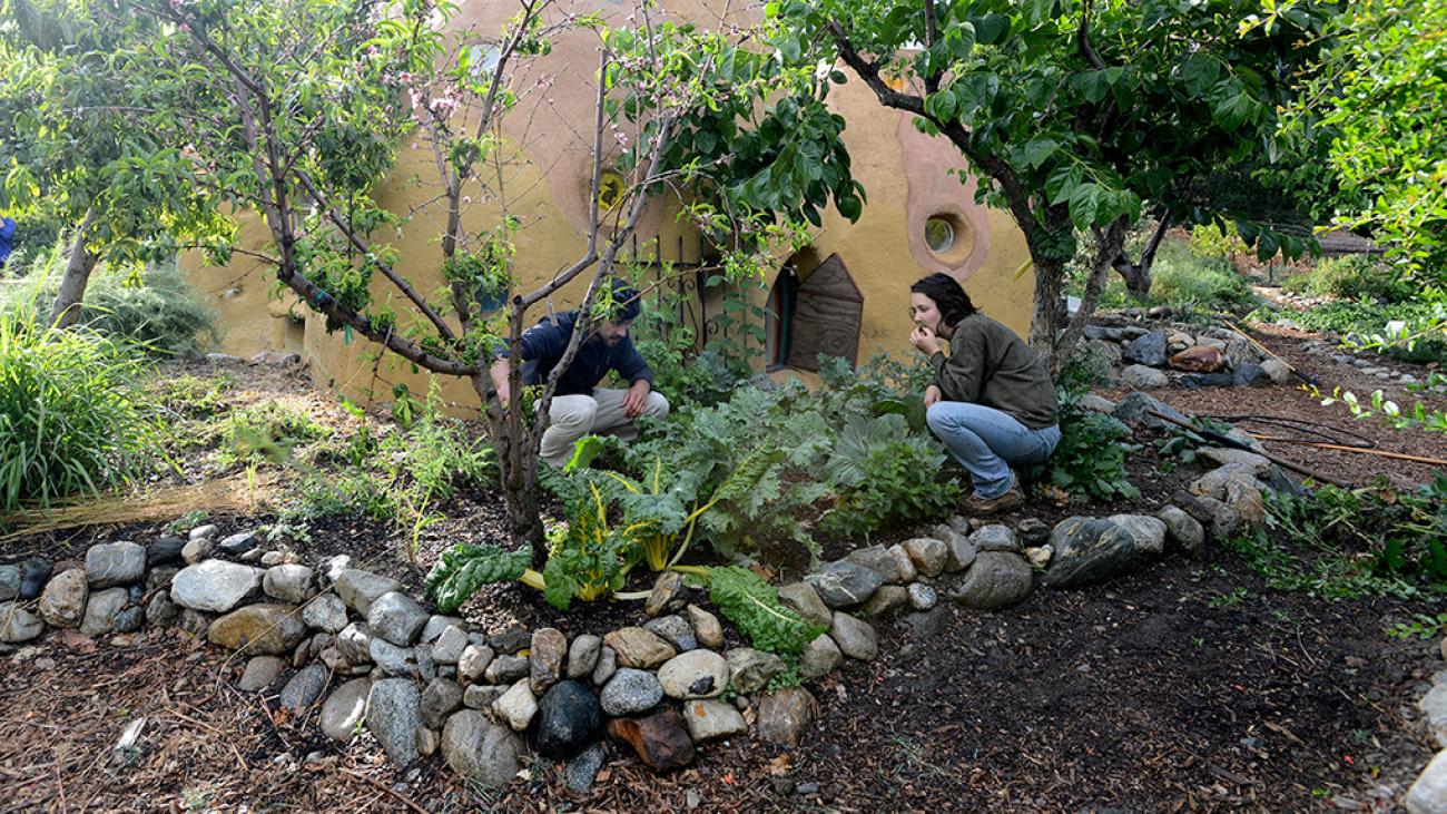 Working near the Earth Dome at the Pomona College Organic Farm