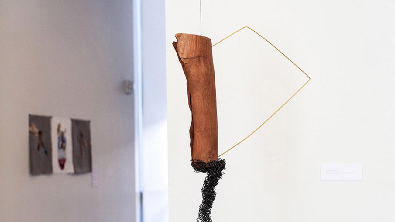 Sydney Dyson. "Being: Soaring" (2014), bailing wire, electrical wire, copper wire, eucalyptus Trunk, organza, tulle
